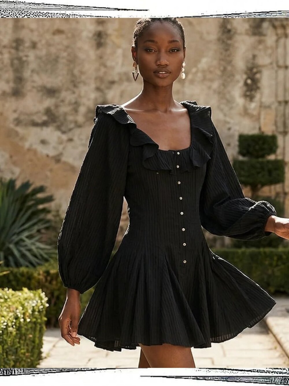 Anthropologie Black Ruffled Long-Sleeve Mini Romper